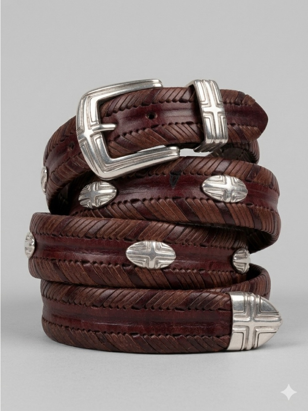 Onyx By Brighton Western Concho Belt Braided Leather Brown Silver Size 34